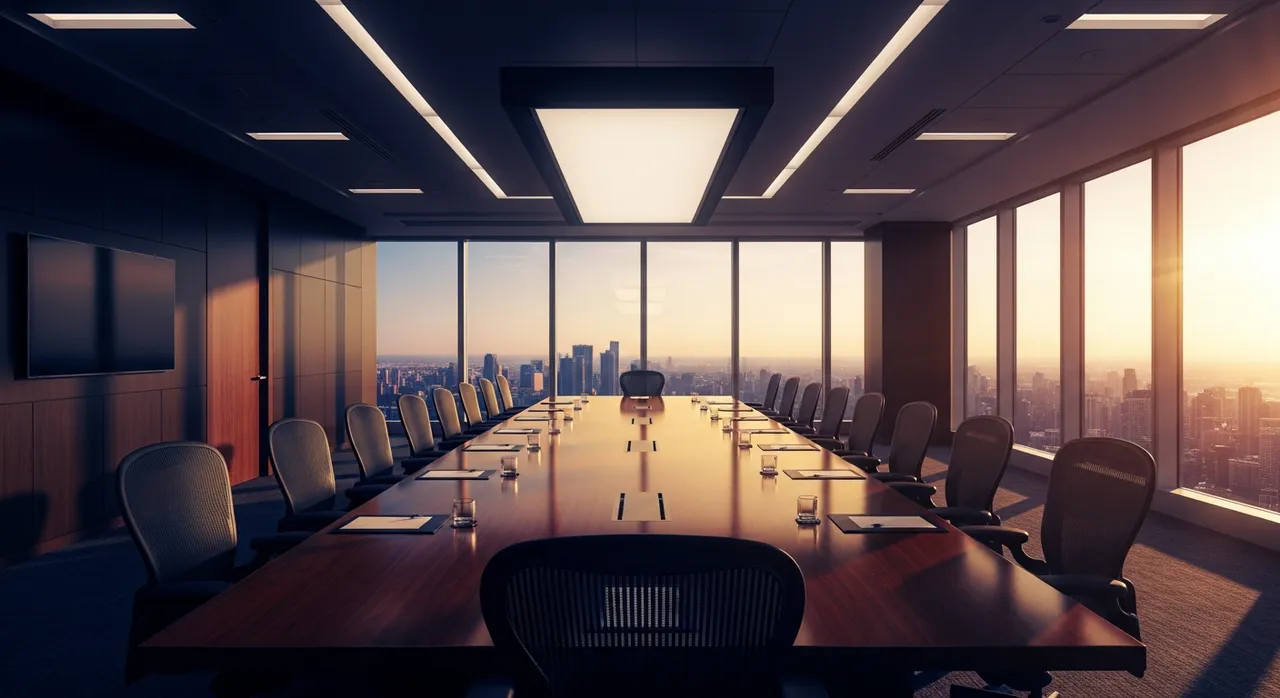 Executive boardroom overlooking city skyline at golden hour